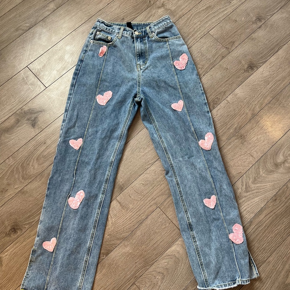 Women's Blue Jeans with Pink Heart Accents